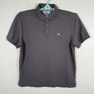 Tommy Bahama Polo Shirt Mens Large Gray Island Zone Hawaiian Flip Cuff Palms